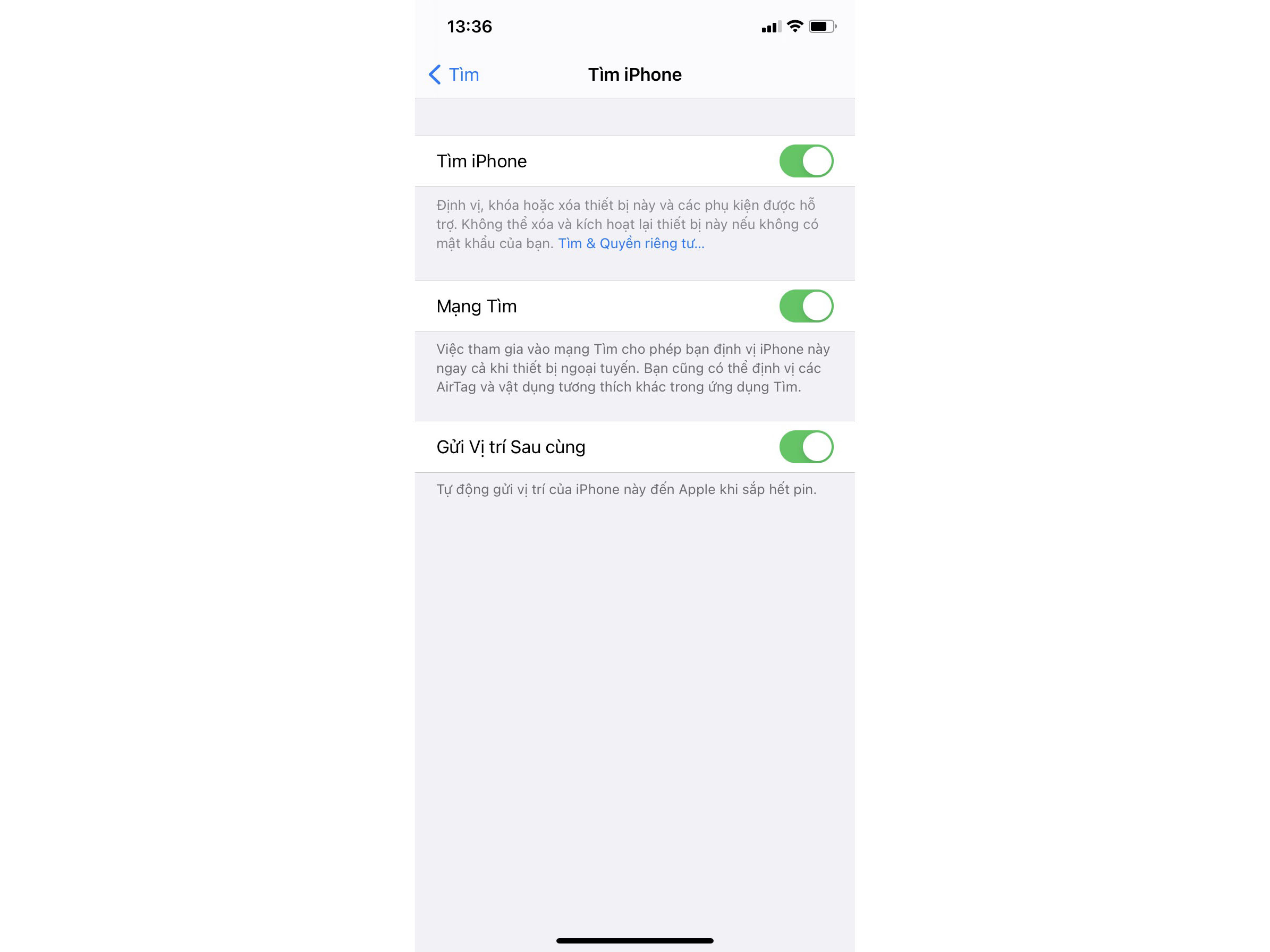 Sử dụng Mạng tìm và Hiển thị vị trí sau cùng trên iPhone