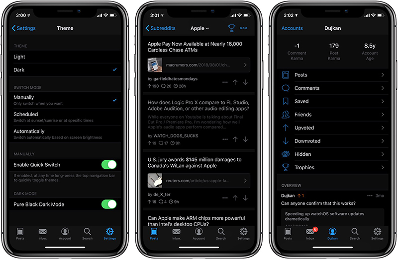 Apollo for Reddit chế độ dark mode trên iphone Hàn Quốc