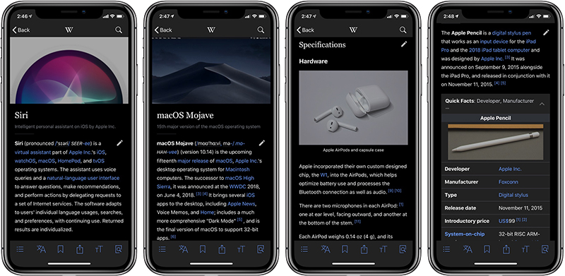Bách khoa toàn thư Wikipedia chế độ darkmode trên iPhone Hàn Quốc