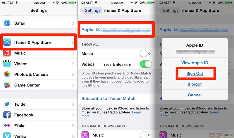 Đăng xuất khỏi iCloud, iTunes và App Store